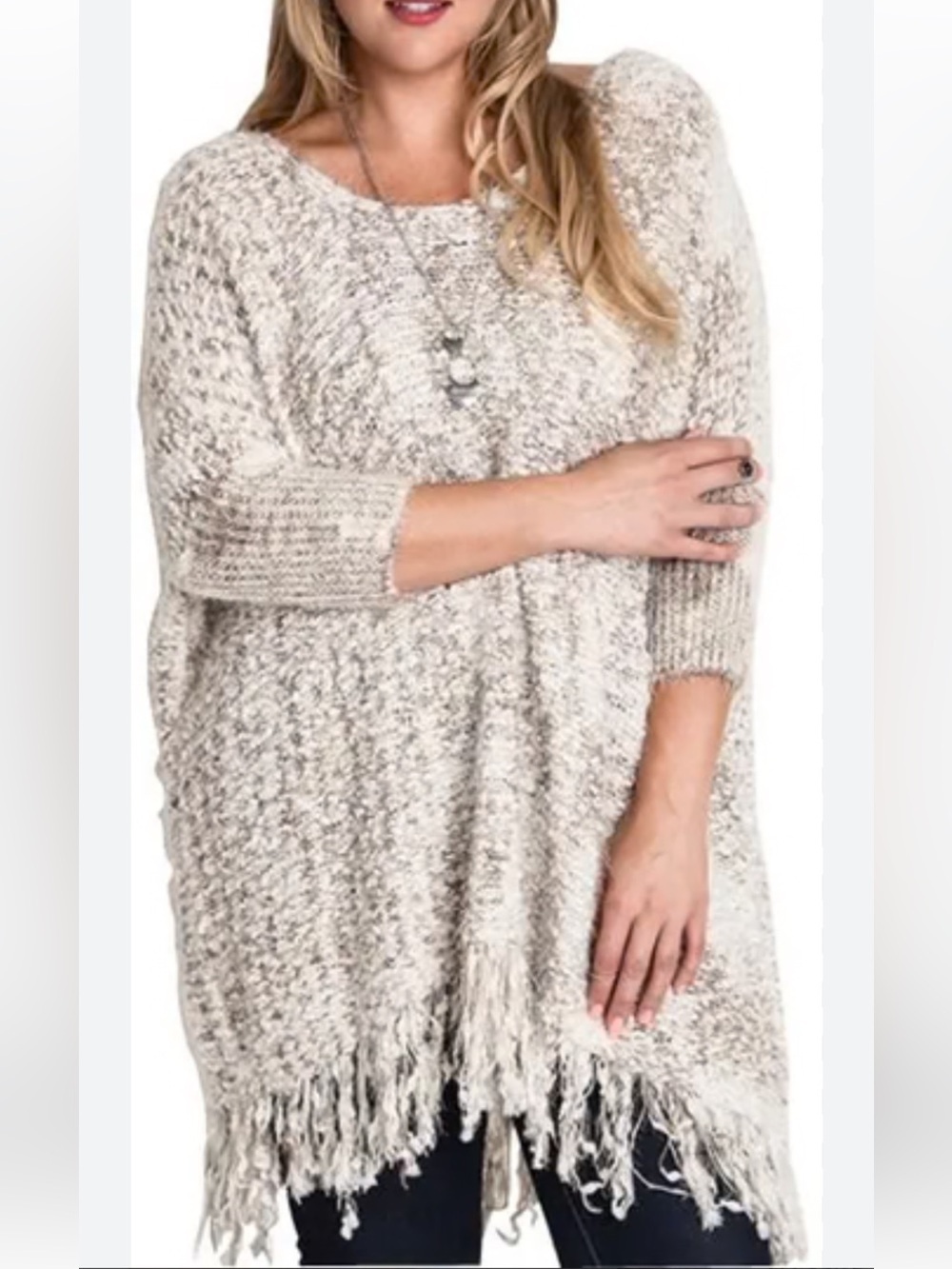 Umgee Neutral Bouclé Fringe Knit Sweater Taupe & Cream Boho Oversized Size M/L